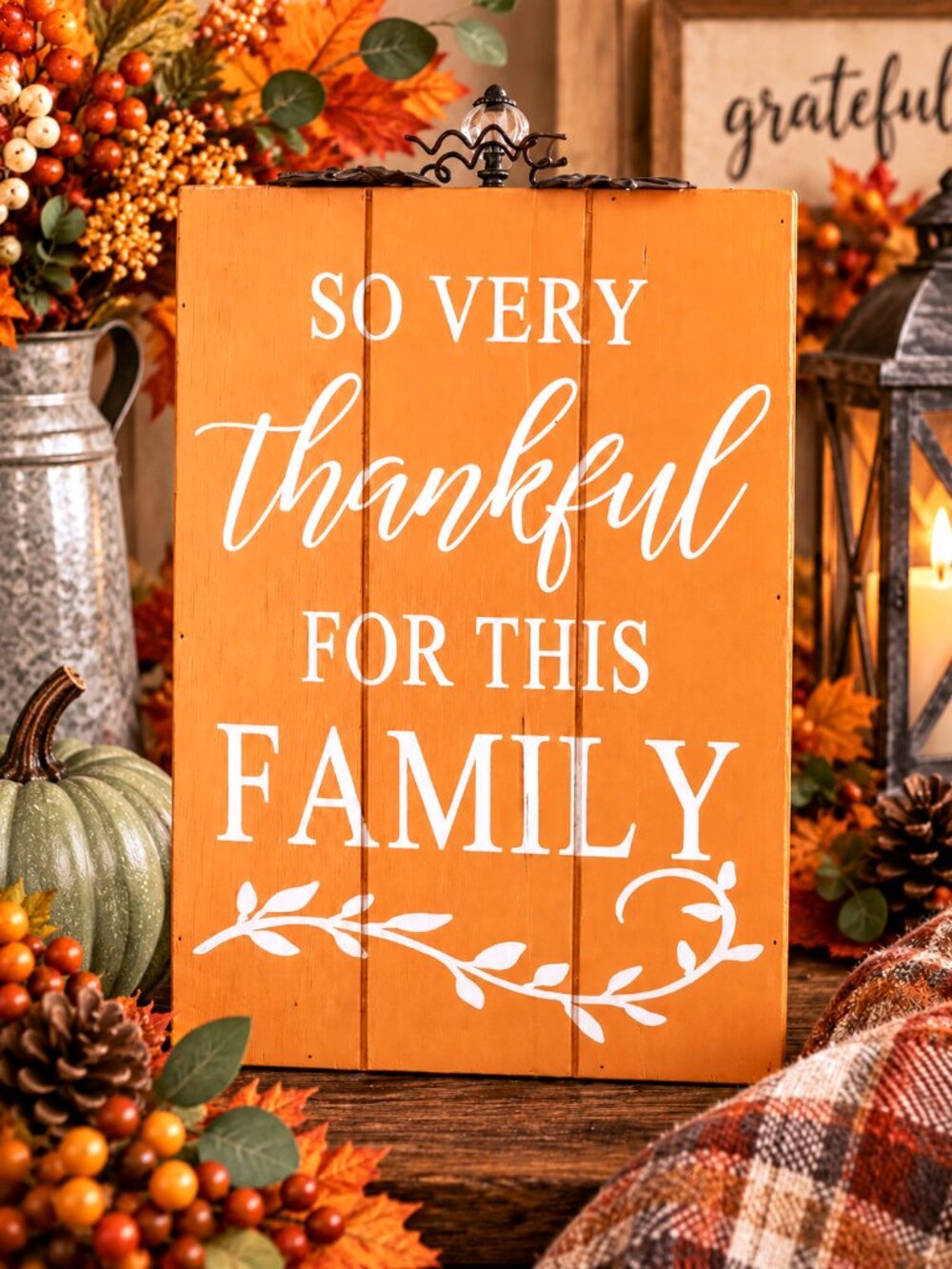 Thankful for This Family Orange Wood Fall Autumn Thanksgiving Home Décor Sign